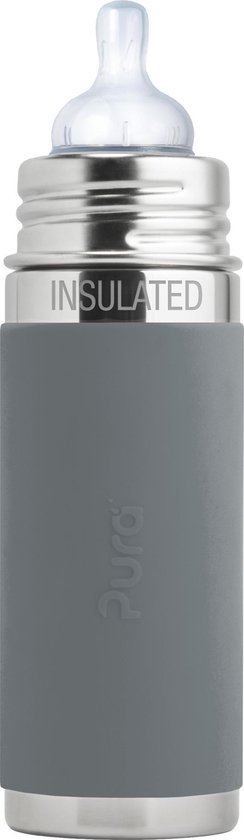 Pura thermos speenfles 260 ml inclusief grijze sleeve en reisdop