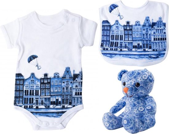 Rompertje met baby knuffel en slabbetje - typisch Nederlands - babyshower cadeau - kraamcadeau jongen - kraamcadeau meisje - kraampakket - geboorte cadeau - Delfts blauw