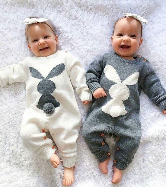 Budino Baby Pyjama Romper Onesie Wollen Konijn Dier - Grijs - 12 mnd
