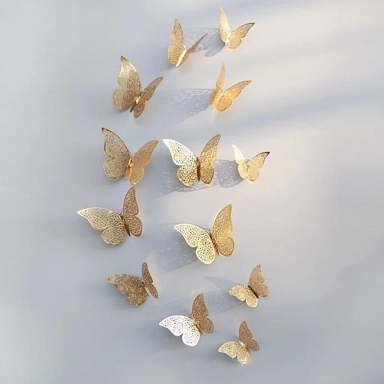 3D Vlinder Stickers inc ophangsysteem  - 12 stuks - Goud - Muurdecoratie - Decoratie kinderkamer  babykamer - Vlinders - Muurvlinder - Wand decoratie - Wanddecoratie - Woonkamer - Jongenskamer - Meisjeskamer - Driedimensionaal - Muur stickers