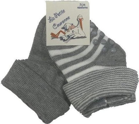 La Petite Couronne Babysokken Uni/gestreept Newborn Grijs 2-pack