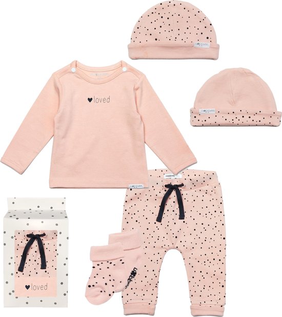 Noppies Cadeauset (5delig) Broek, mutsje en Sokken Peach met stip en Shirt Yvon - Maat 56