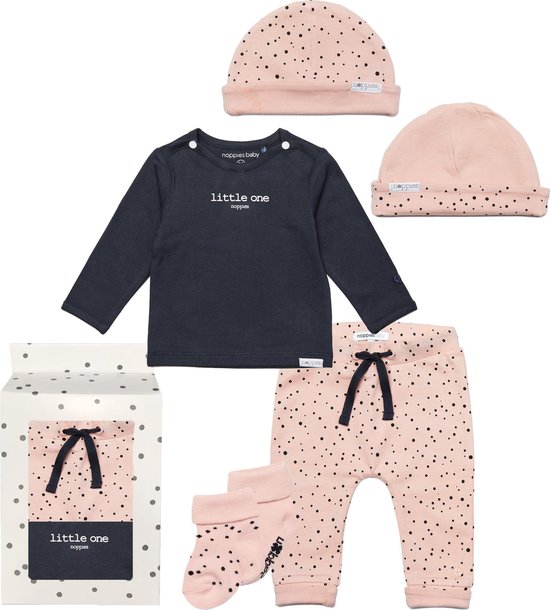 Noppies Cadeauset (5delig) Broek, mutsje, Sokken Peach met stip en Shirt Charcoal - Maat 50