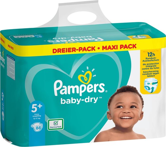 Pampers Baby-Dry Maat 5+, 88 Luiers, Tot 12 Uur Bescherming, 12-17kg