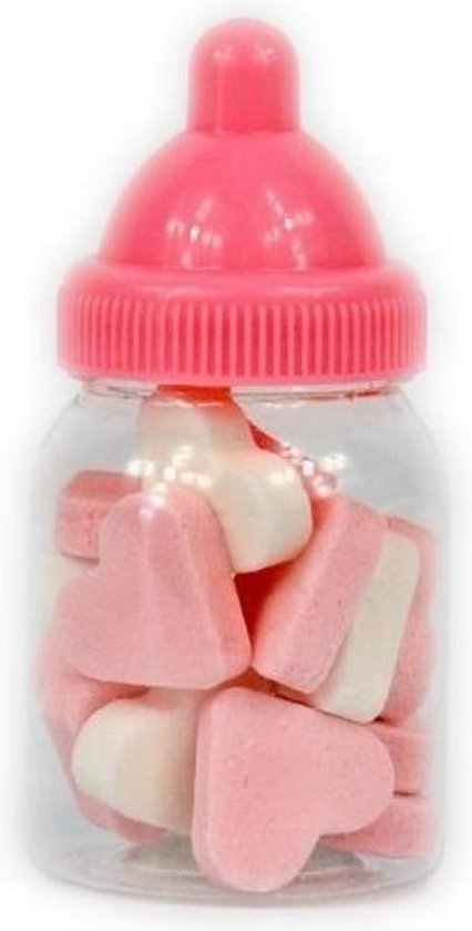 Baby fles roze vruchtenhartjes - Babyshower geboorte snoep - meisje - 12 flesjes