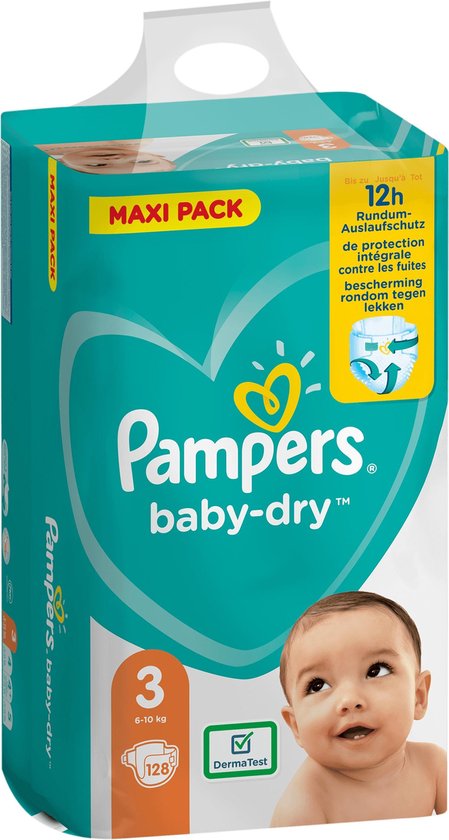 Pampers Baby-Dry Maat 3, 128 Luiers, Tot 12 Uur Bescherming, 6-10kg