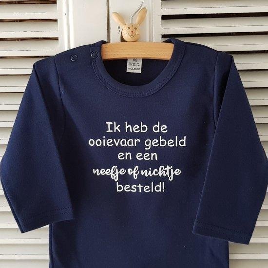 romper baby tekst zwangerschaps aankondiging ik heb de ooievaar gebeld en een nichtje of neefje besteld blauw lange mouw maat jongen of meisje maat 86-92