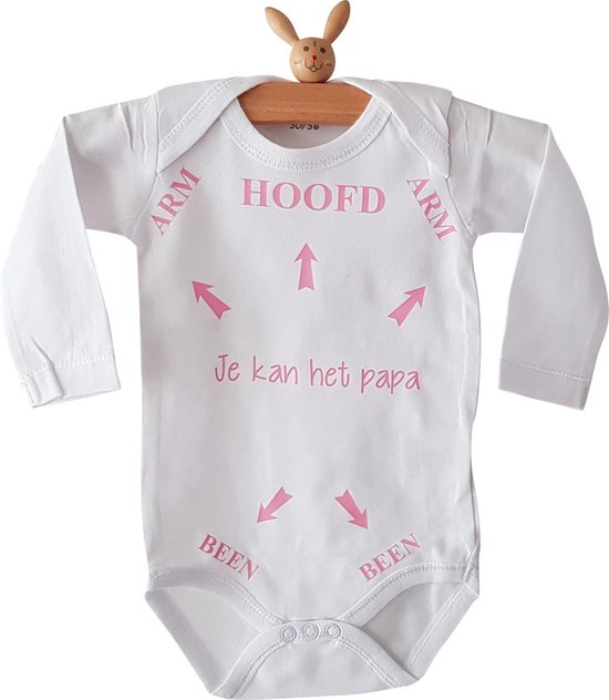 Baby Rompertje met tekst bedrukt Hoofd Arm Been pijlen je kan het papa | Lange mouw | wit roze meisje | maat 62/68 | grappig cadeau je kunt / kan het pap / papa / pappie