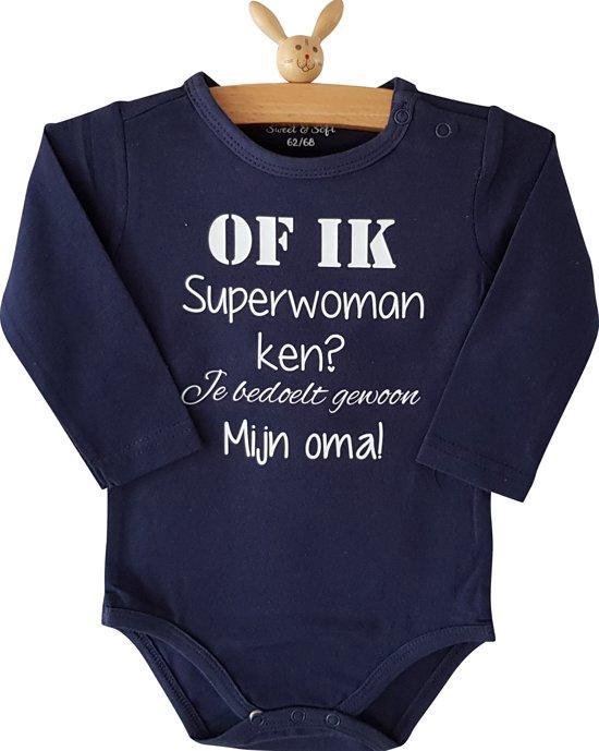 Baby Rompertje oma Of ik superwoman ken? Je bedoelt gewoon mijn oma! | Lange mouw | blauw wit | maat 62/68| bekendmaking zwangerschap aankondiging cadeau voor de liefste aanstaande oma