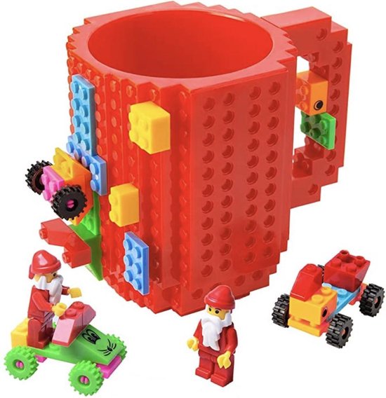 Lego Mok/ Build on Brick Mug - rood - 350 ml - bouw je eigen mok met bouwsteentjes - BPA vrije drinkbeker cadeau voor kinderen of volwassenen - koffie thee limonade of andere dranken - pennenbeker - creatief accessoire voor op bureau -HnD