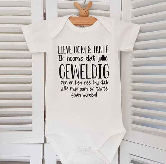 Baby Rompertje met tekst  oom en tante | Ik hoorde dat jullie geweldig zij  en ben heel blij jullie gaan worden! ontmoeten! hoera| korte mouw | maat 50-56 |  aankondiging bekendmaking zwangerschap cadeau voor de liefste aanstaande aankondiging