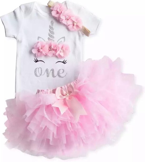 3 in 1 set Cakesmash outfit meisje - Eerste verjaardag Eenhoorn Jurk set - Babykleding - Roze Unicorn - 1 jaar