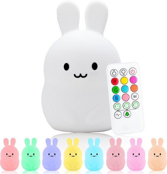 Sleepy Friends® 8 kleurige LED Nachtlampje kinderen - Konijntje - Nachtlampje baby - Oplaadbaar - Dimbaar tafellamp met afstandsbediening voor in de slaapkamer