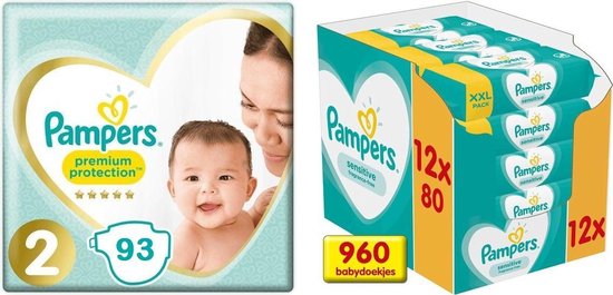 Pampers Premium Protection Maat 2 - 93 Luiers + Pampers Sensitive Billendoekjes 12x80 Stuks