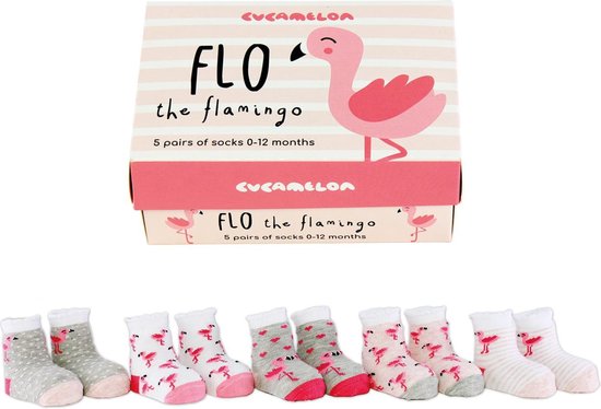 Babysokken Flamingo in Geschenkdoos - babysokjes cadeau verpakking - Maat 0-12 maanden
