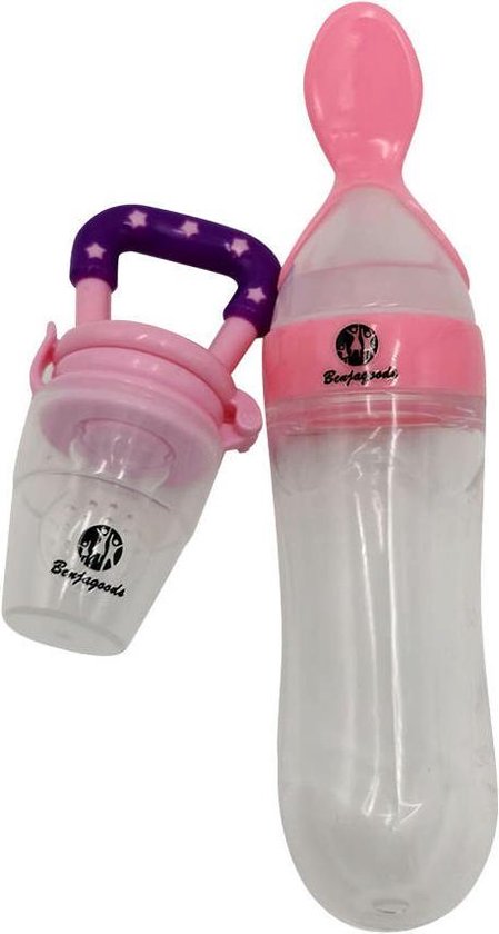 BenjaGoods Baby Knijpfles Met Lepel En Fruitspeen - Babybestek - Roze/Paars