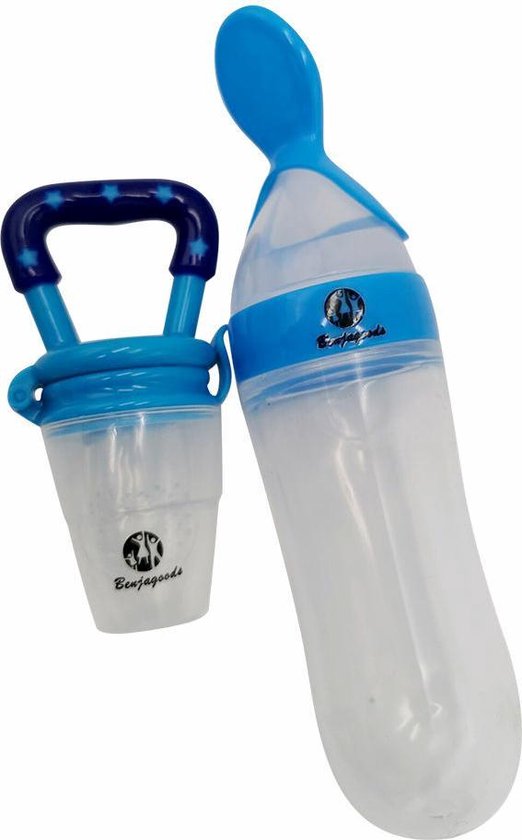 BenjaGoods Baby Knijpfles En Fruitspeen - Babybestek - Knijpfles Met Lepel - Blauw