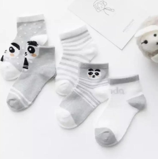 5 paar New born Baby sokken - set babysokjes - 0-6 maanden - grijze babysokken - panda sokken - pandabeer - pandaberen - multipack - dierensokken