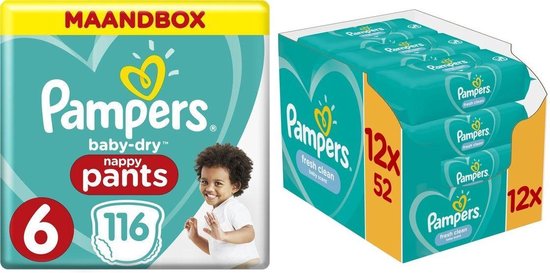 Pampers Baby Dry Pants Maat 6 - 116 Luierbroekjes Maandbox + Pampers Fresh Clean Billendoekjes 624 Stuks