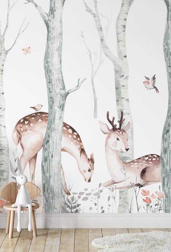 Behang kinderkamer ~ Herten in het bos 210 cm breed x 260 cm hoog ~ Vliesbehang ~ Dieren behang ~ Behangpapier babykamer ~ Scandinavisch behang ~ Fotobehang kinderkamer ~ Veilig voor kind & milieu ~ Geproduceerd in NL ~ Walloha.com