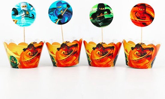 ProductGoods - 12 Stuks Lego NinJago  Mini Cupcake Bakjes + 12 Cupcake Lego Ninjago Versiering - Kinderen - Kinderfeestje - Party - Taart Decoraties - Verjaardag Decoratie - Happy Birthday - Ninjago - Omslagen - Omslag