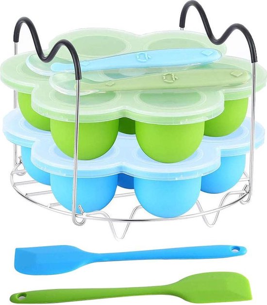 Baby | Bewaarbakjes babyvoeding met baby lepeltjes | Diepvriesbakjes | Inclusief magnetron rooster | Groen/Blauw