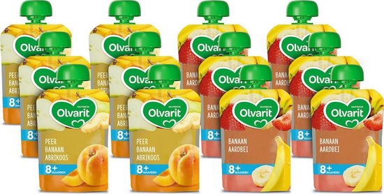 Olvarit knijpzakje - 8 maanden - 2 verschillende smaken - babyvoeding - 12-pack