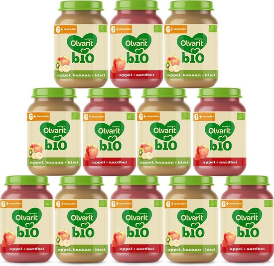 Olvarit BIO variatiemenu Fruit - 6 maanden - 2 verschillende smaken - babyvoeding - 12 stuks