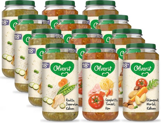Olvarit Variatiemenu Maaltijd - babyhapje vanaf 18+ maanden - 3 smaken babyvoeding - 12 x 250 gram