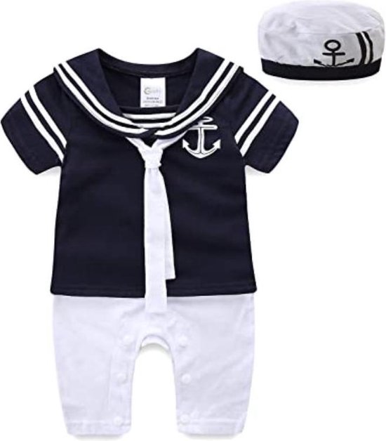 Set van 2 Baby Boy Romper Marine Jumpsuit Sailor One-Piece with hat, Sailor Bodysuit, Marine Onesie met hoed, Kleding set, 3-6 maanden zwart