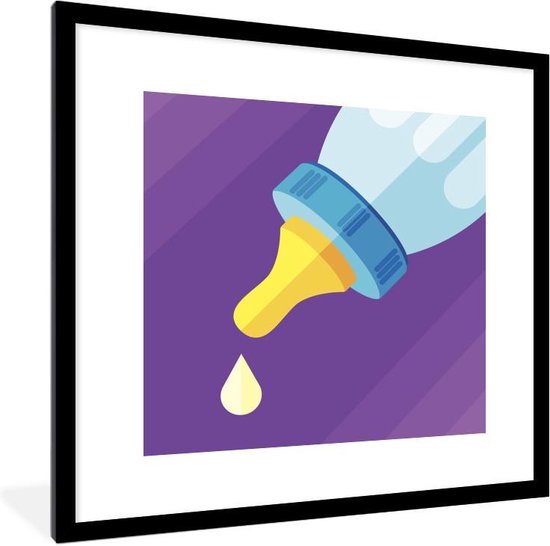 Poster met lijst Druppels illustratie - een babyfles met een druppel melk fotolijst zwart met witte passe-partout - fotolijst zwart - 40x40 cm - Poster met lijst
