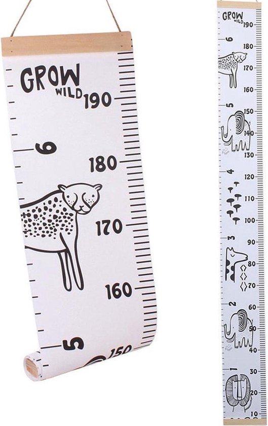 Groeimeter babykamer kinderkamer safari dieren "grow wild" Jungle dieren - Canvas Meetlat kind - hout - 200x20 cm - Decoratie Meetlint - Wanddecoratie