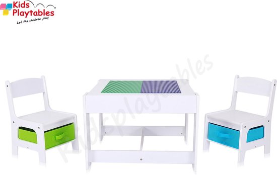 Speeltafel Vierkant geschikt voor LEGO® - Kindertafel en stoeltjes - Kleurtafel / activiteitentafel/ knutseltafel / tekentafel, tafel met bouwplaten-grondplaat geschikt voor LEGO® , kinderzetel - stoel kind - houten kindertafel