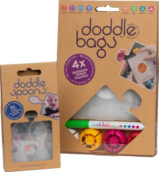 DoddleBags Box - DoddleBags knijpzakjes 200 ml + DoddleSpoon lepels