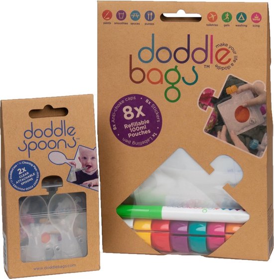 DoddleBags Box - DoddleBags knijpzakjes 100 ml + DoddleSpoon lepels