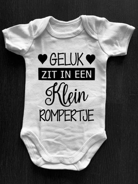 Baby Rompertjes Met Tekst - Geluk Zit In Een Klein Rompertje - Korte Mouw - Maat 50/56 - Zwangerschap Aankondiging - Baby Cadeau