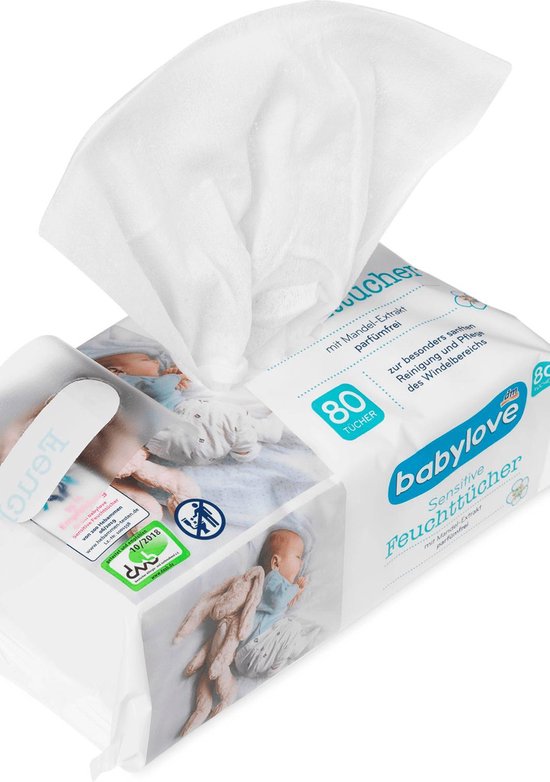 BabyLove Gevoelige Billendoekjes met Amandelextract - Babydoekjes Sensitive - Zonder alcohol (zonder ethanol) en zonder geurstoffen - 1280 stuks - (16 x 80) - Voordeelverpakking