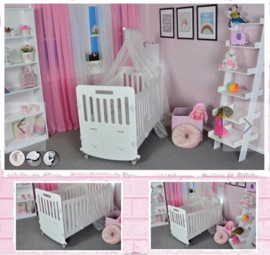 Ledikant - AGASHI - CLASSIC - WIT - Babybed - 60 x 120 - met schommelfunctie - VERSTELBAAR BODEM - Baby Wieg - Baby Bed - 2 in 1 - Wieltjes - Kliksysteem - Geen gereedschap nodig - incl. HEMELTJE - MATRAS - KUSSEN - LEDIKANTDEKEN - BUMPER - LAKEN