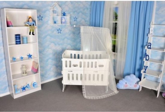 Ledikant - AGASHI - MOM SIDE - WIT - Babybed - 60 x 120 - met schommelfunctie - VERSTELBAAR BODEM - Baby Wieg - Baby Bed - 2 in 1 - Wieltjes - Kliksysteem - Geen gereedschap nodig - incl. HEMELTJE - MATRAS - KUSSEN - LEDIKANTDEKEN - BUMPER - LAKEN