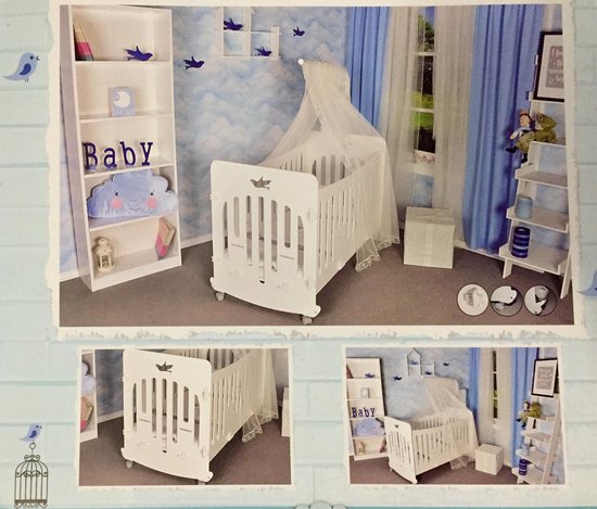 Ledikant - AGASHI - BIRDCAGE - WIT - Babybed - 60 x 120 - met schommelfunctie - VERSTELBAAR BODEM - Baby Wieg - Baby Bed - 2 in 1 - Wieltjes - Kliksysteem - Geen gereedschap nodig - incl. HEMELTJE - MATRAS - KUSSEN - LEDIKANTDEKEN - BUMPER - LAKEN