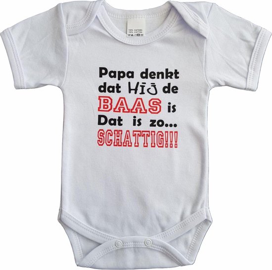 Witte romper met "Papa denkt dat hij de baas is. Dat is zo... Schattig!!!" - maat 68 - vader, vaderdag, babyshower, zwanger, cadeautje, kraamcadeau, grappig, geschenk, baby, tekst, bodieke