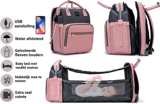 Baby Luiertas waterdicht - Multifuctioneel luiertas 3 In 1 - baby bed 76cm/32cm  - Luiertas Grijs/roze - Met Verschoningsmatje - Babyverzorging - Luiertas met babybedje/wieg - Kinderwagen haak - Baby Bedje - luiertas rugzak - luiertas verzorgingstas