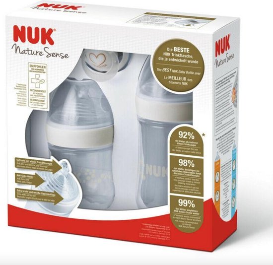 NUK Nature Sense set - 1x Nature Sense flesjes 150 ml, 1 flesje Nature Sense 260 ml, 1 speen 0-6