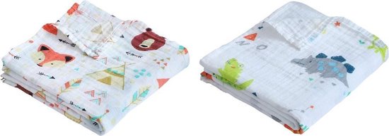2 stuks Hydrofiele doek XL - 115x115 cm - Inbakerdoek - dinosaurs -  Swaddle doek groot - Hydrofiele luier