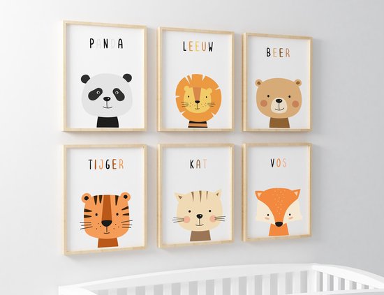 Babykamer Posters - Baby Cadeau Jongen en Meisje - Set van 6 Posters - Kinderkamer - Dieren Posters - Babykamer Wanddecoratie - A4 formaat 20x30 cm - Poster Babykamer - Kinderposters - Baby Dieren