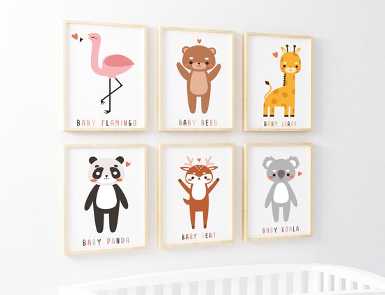Baby Cadeau Meisje en Jongen - Babykamer Posters - Set van 6 Posters - Baby diertjes - Kinderkamer - Dieren Posters - Babykamer Wanddecoratie - A4 formaat 20x30 cm