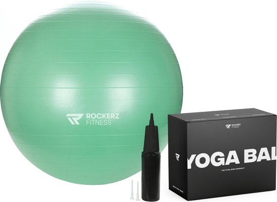 Rockerz Fitness® - Fitness bal - Yoga bal - Pilates bal - Gymbal - Zitbal - Zwangerschapsbal - 75 cm - Kleur: Mintgroen - Beste Fitnessbal 2020