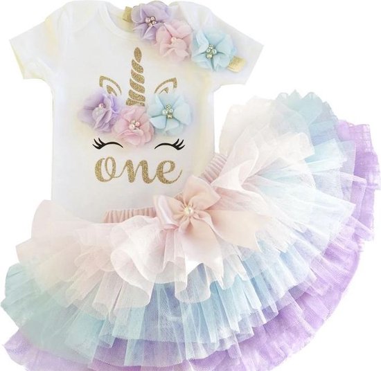 3 in 1 set Cakesmash outfit meisje - Eerste verjaardag Eenhorn Jurk set - Tutu dress - Babykleding - Roze paars Unicorn