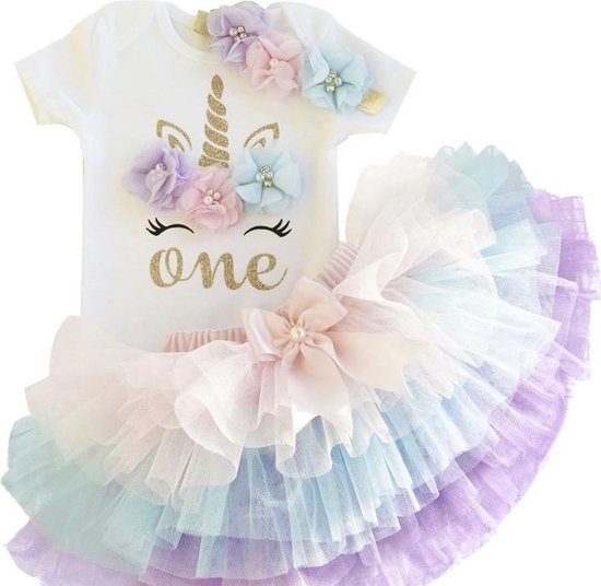 3 in 1 set Cakesmash outfit meisje - Eerste verjaardag Eenhorn Jurk set - Tutu dress - Babykleding - Roze paars Unicorn