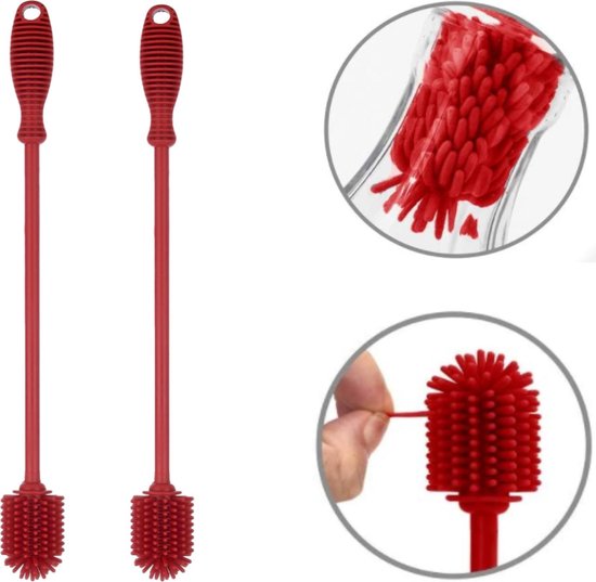 Kriegs Siliconen Flexibele Flessenborstel - Babyfles Schoonmaakborstel - Flesvoedingsaccessoires - 32CM - BPA Vrij - Rood